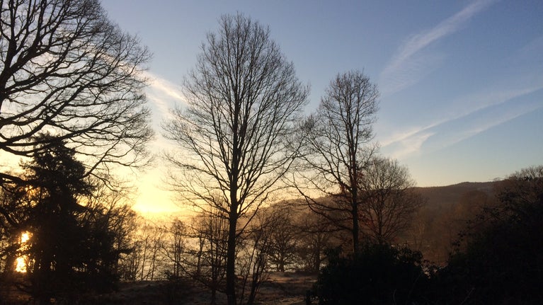 A cold winter view of the shore of Windermere through the bare trees and winter coloured sky at Wray, Cumbria